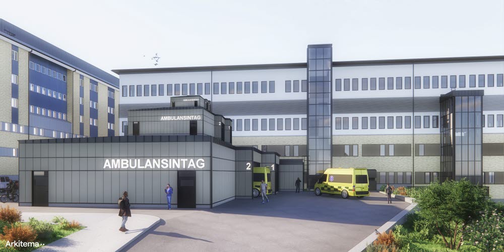 Arkitektskiss av den nya ambulanshallen på Hudiksvalls sjukhus efter ombyggnationerna