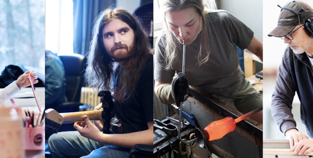 Collage av fyra personer
som jobbar med teckning, musikinstrument, glasblåsning och maskinsågning