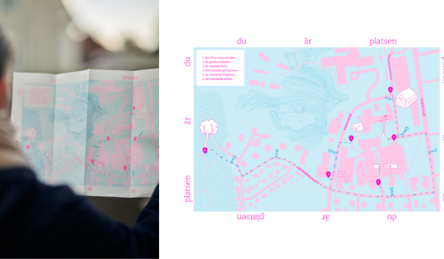 Halva bilden till vänster består av en person som tittar på en karta. Högra halvan visar karta som tillhör ljudverket Du är platsen, platsen är du av Hanna Wildow.