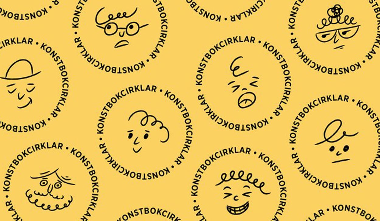 Grafisk bild med en gul bakgrund och text i cirklar och olika symboler