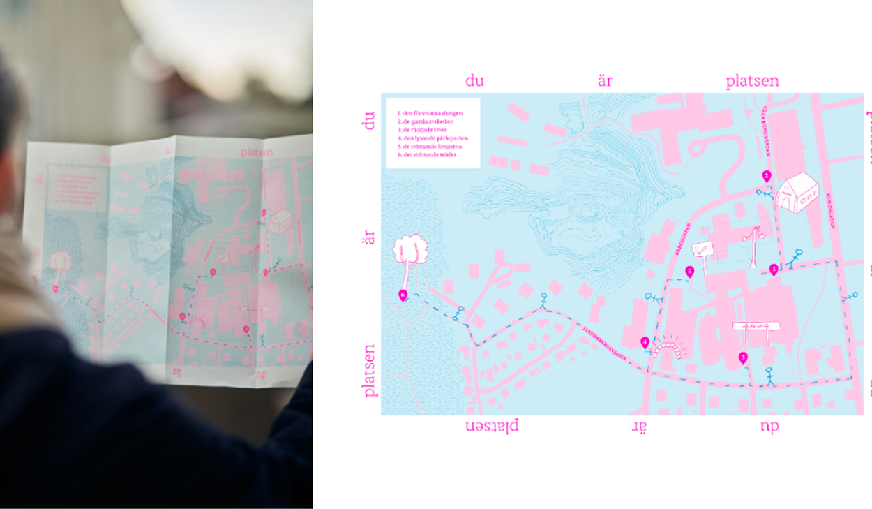 Halva bilden till vänster består av en person som tittar på en karta. Högra halvan visar karta som tillhör ljudverket Du är platsen, platsen är du av Hanna Wildow.