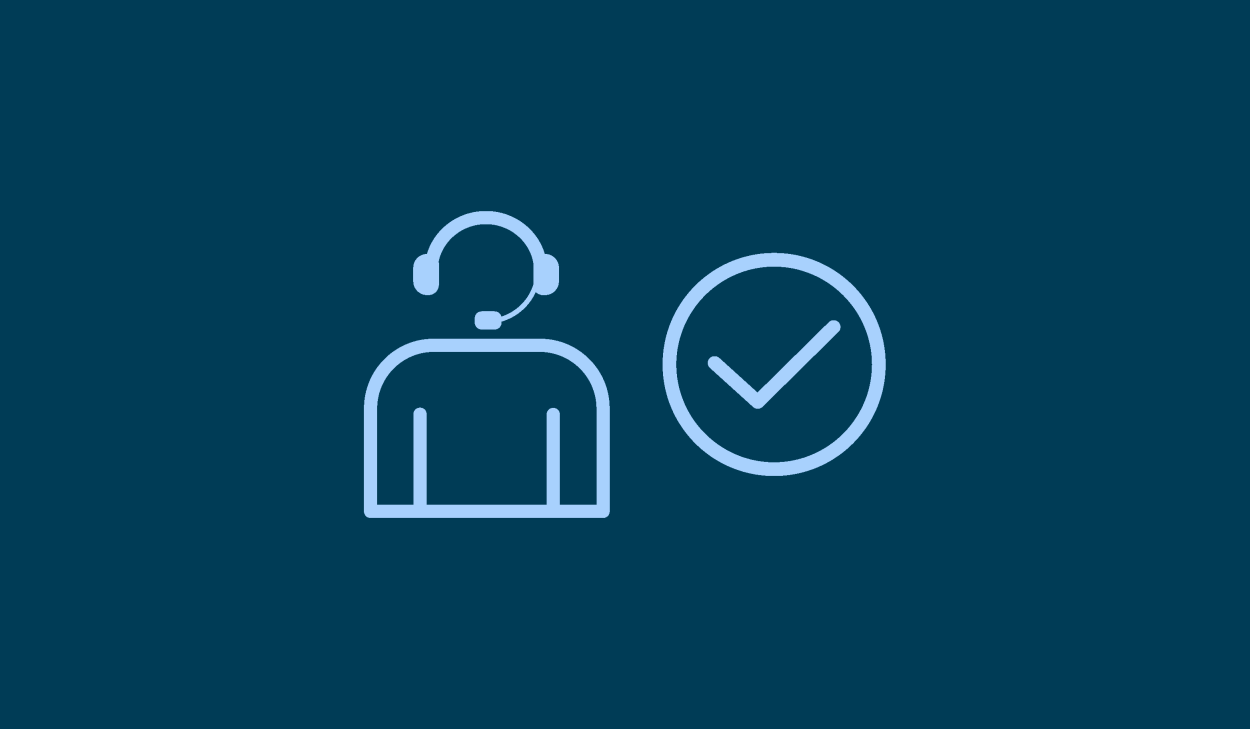 symbol, person med headset och bredvid en cirkel med en bock i.