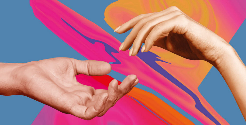 Grafisk bild med två händer mot varandra och en blå/lila/rosa bakgrund