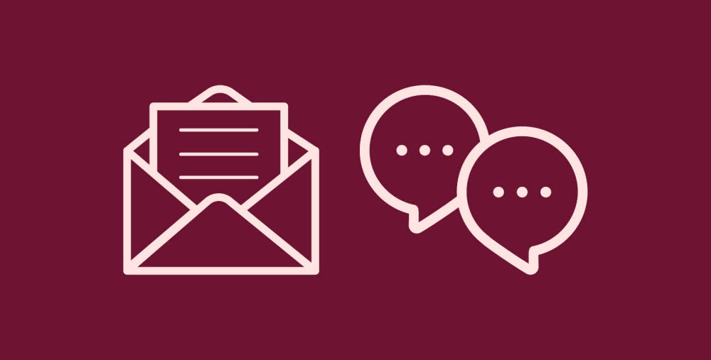 Två ikoner som symboliserar dialog med mörkröd bakgrund